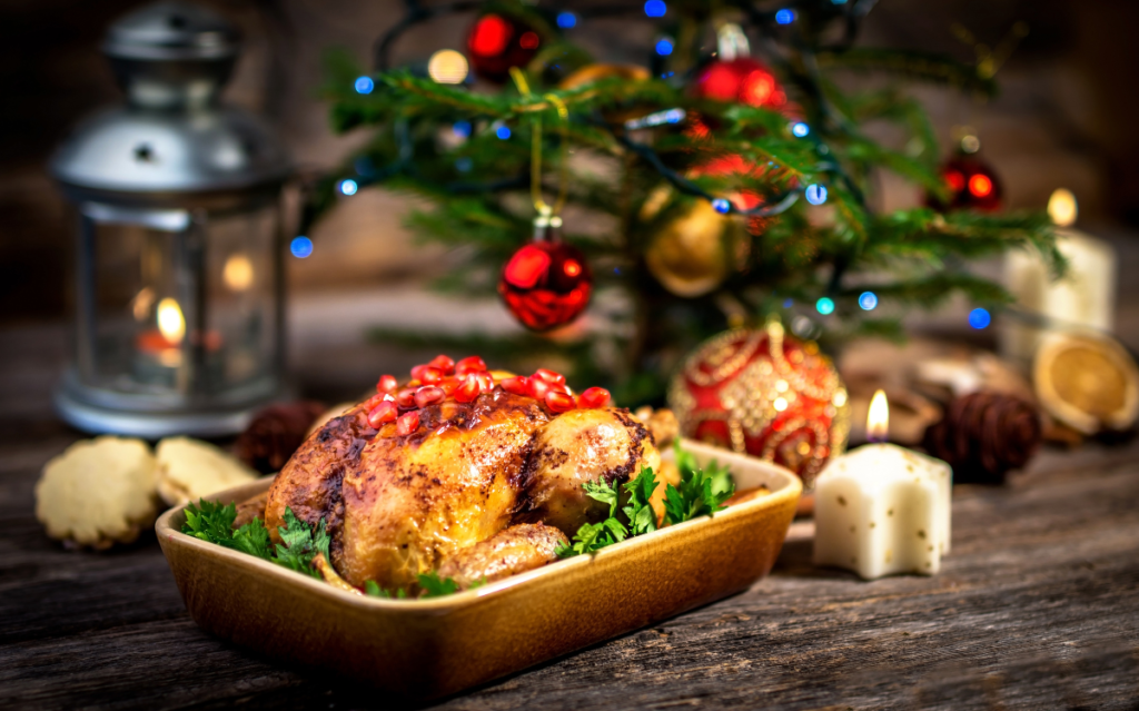 Chicken feast on Christmas table as one of the unique traditions of Christmas in Japan